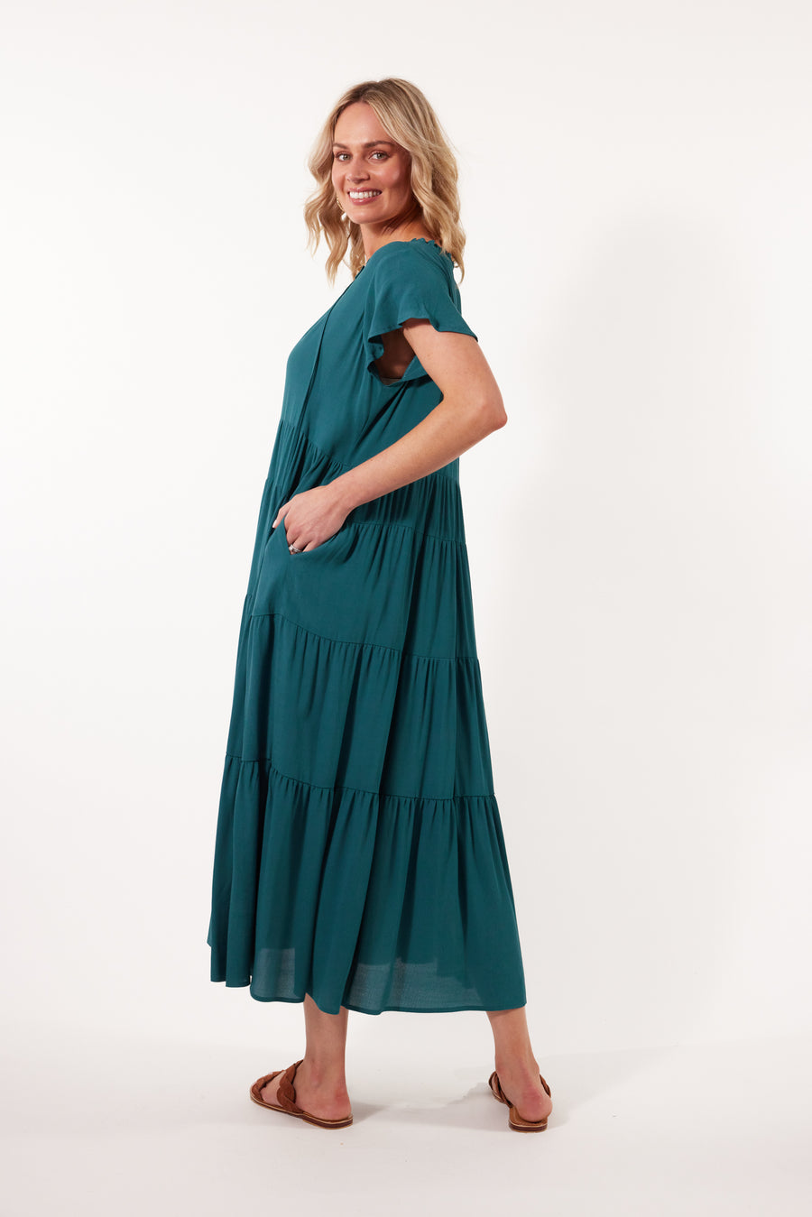 Botanical Tiered Dress - Teal