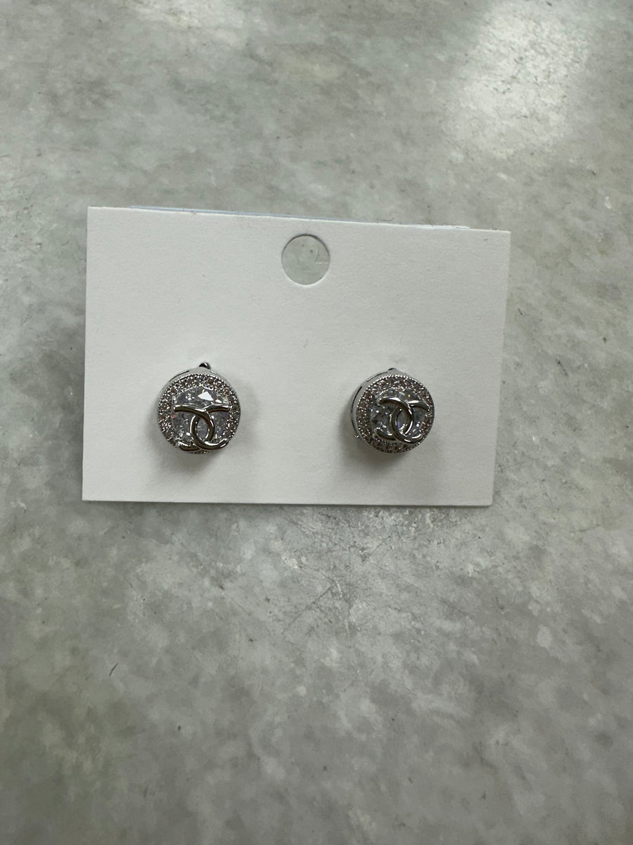 Round CC Diamante Earrings - Silver