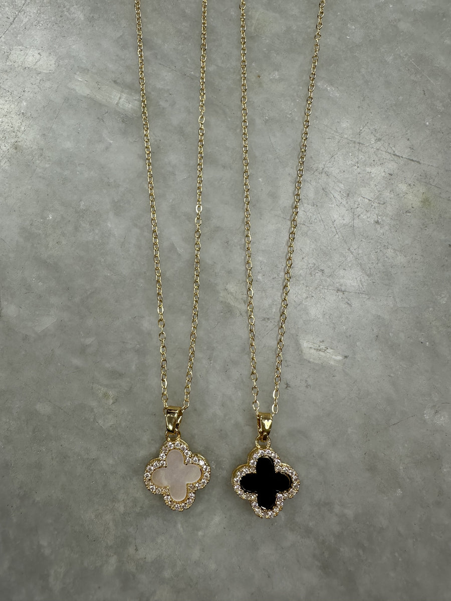 Diamante Black/White Cross Necklace - Gold