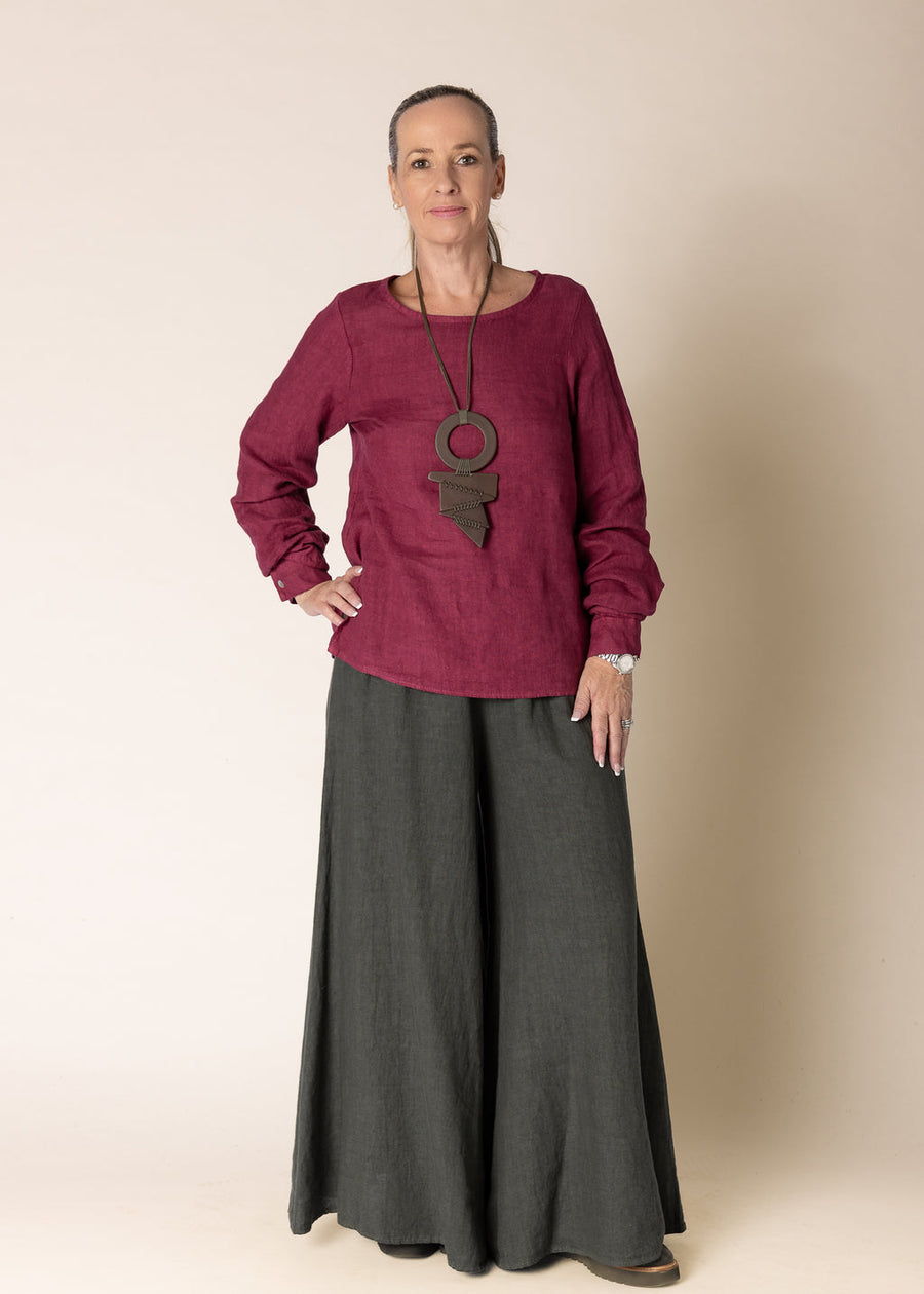 Karily Linen Top in Mulberry Wine