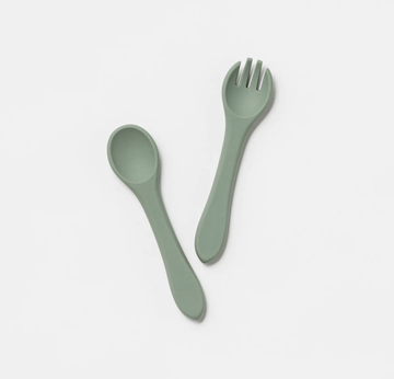 Silicone Fork and Spoon Set in Soft Moss