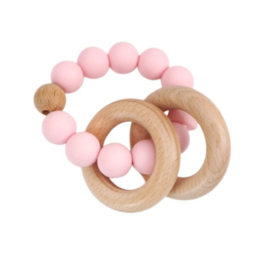 Silicone + Beechwood Teething Rings - Baby Pink