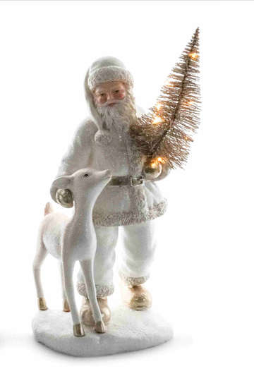 North Pole White Santa & Reindeer with Light Up Tree