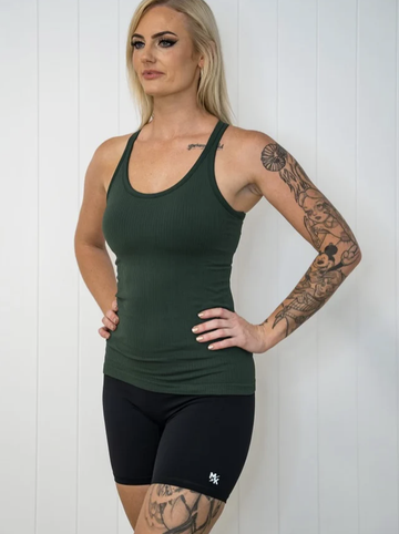 Rach Ribbed Mid Muscle Singlet - Dark Green