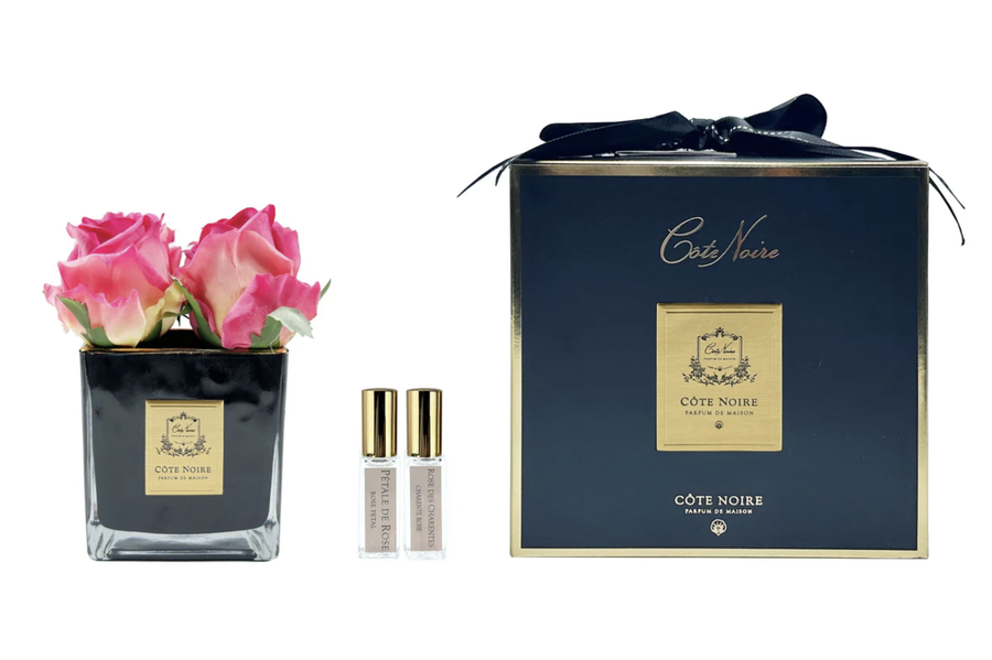 Couture 4 Rose Buds - Square Black Vase Gold & Magenta