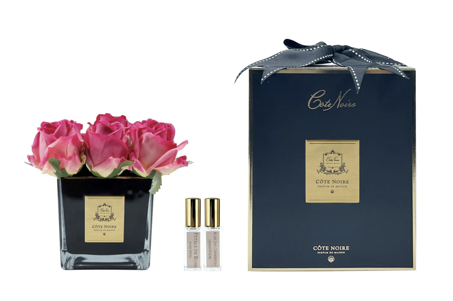 Couture 9 Rose Buds - Square Black Vase Gold & Magenta
