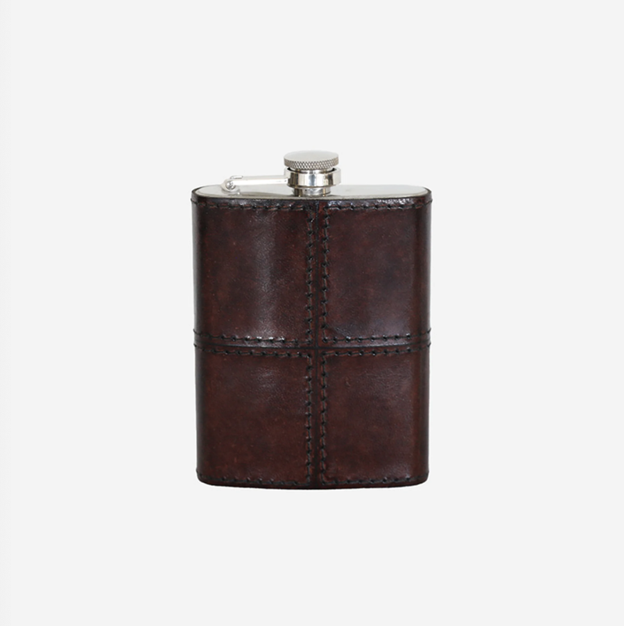 Leather Hip Flask in Dark Brown with Nickle Details