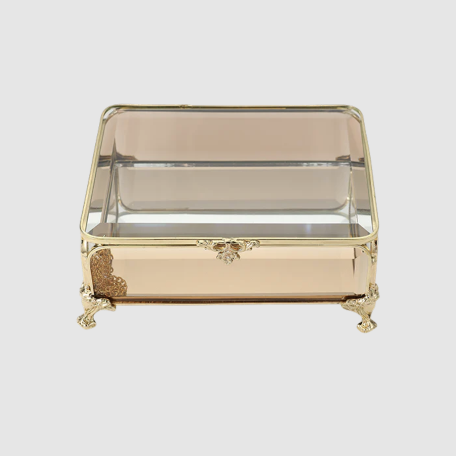 Jewellery Box - Gold with Amber Glass 12cm
