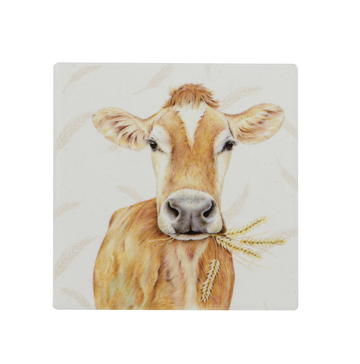 Farmyard Faces Square Ceramic Coaster - Cow/Chestnut