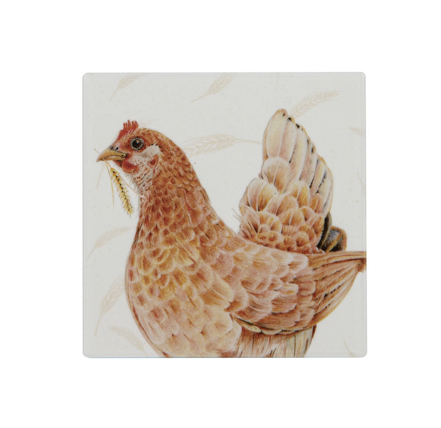 Farmyard Faces Square Ceramic Coaster - Hen