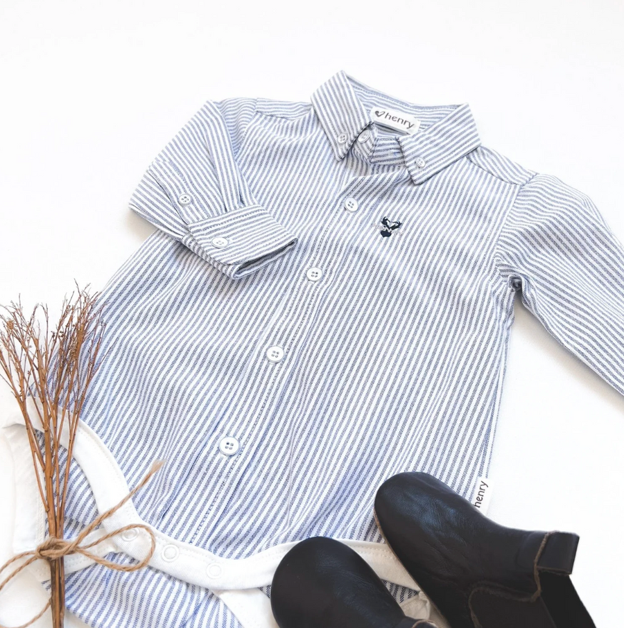 Baby Boys Dress Shirt Romper - Navy Pinstripe