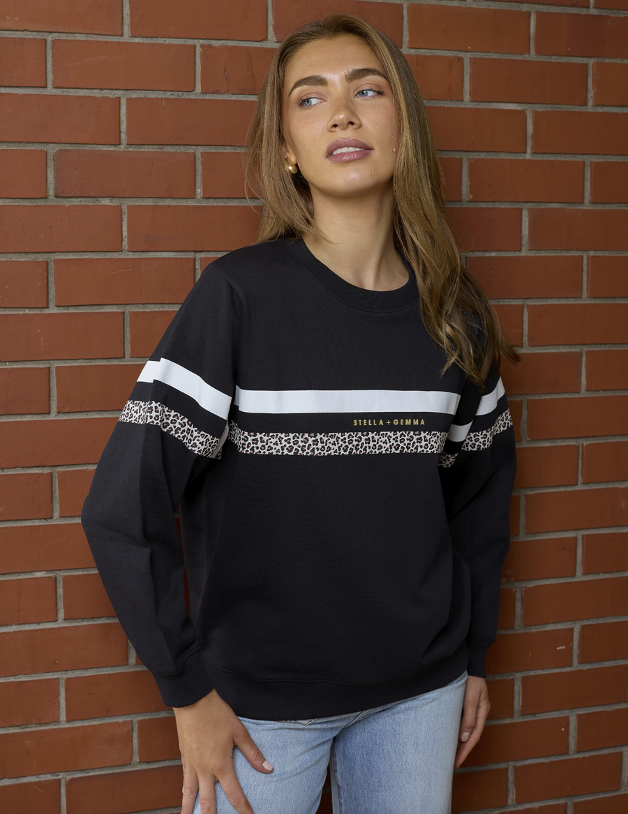 Essential Sweat Black Leopard and White Stripe
