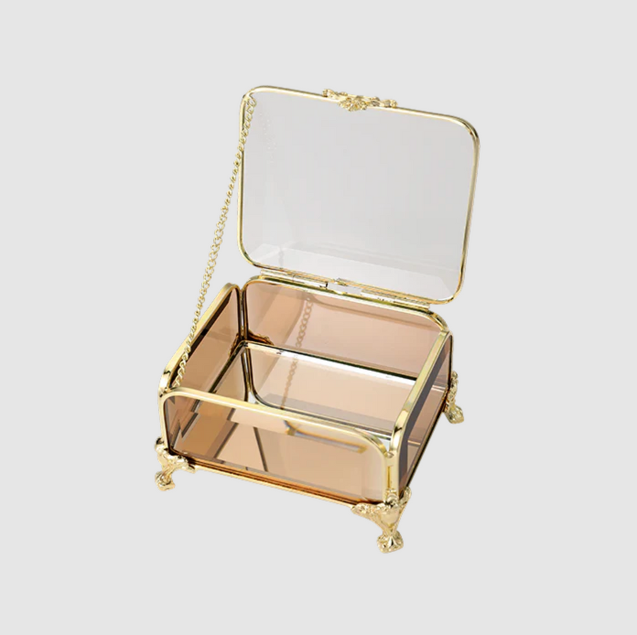 Jewellery Box - Gold with Amber Glass 8cm