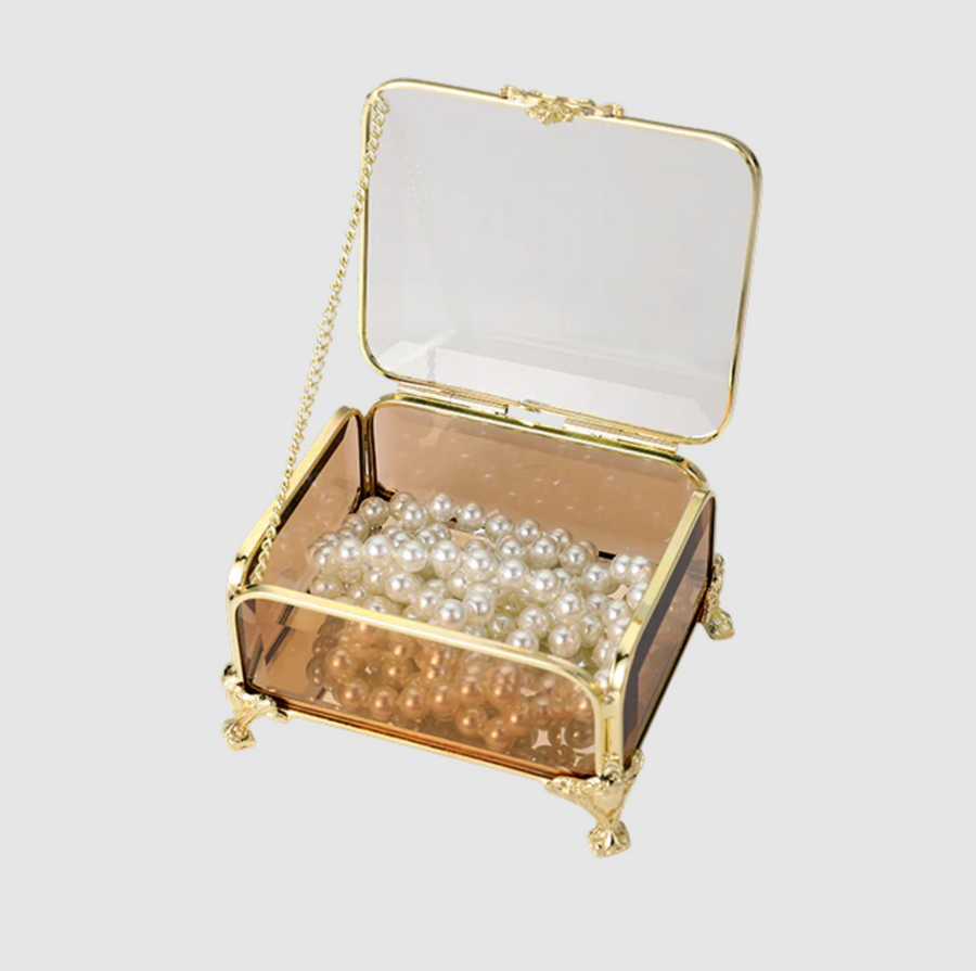 Jewellery Box - Gold with Amber Glass 8cm