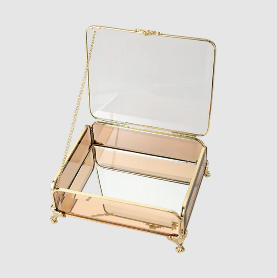 Jewellery Box - Gold with Amber Glass 12cm