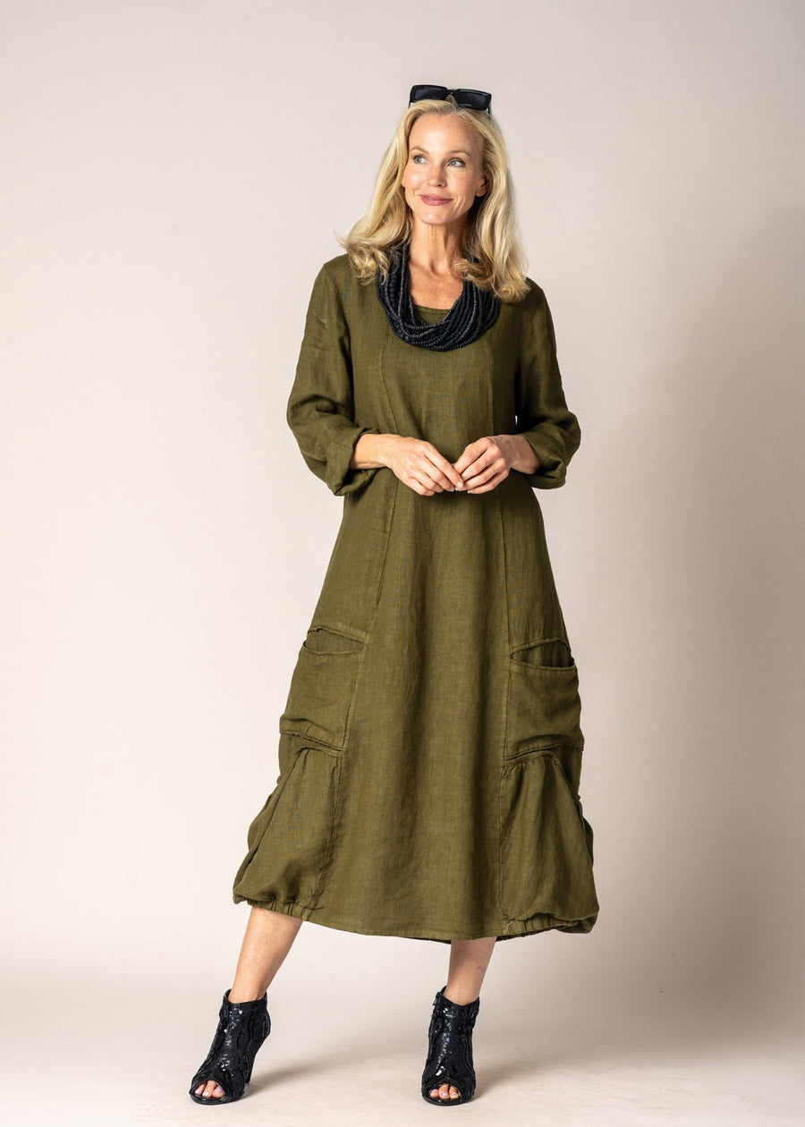 Torina Linen Dress in Green Olive