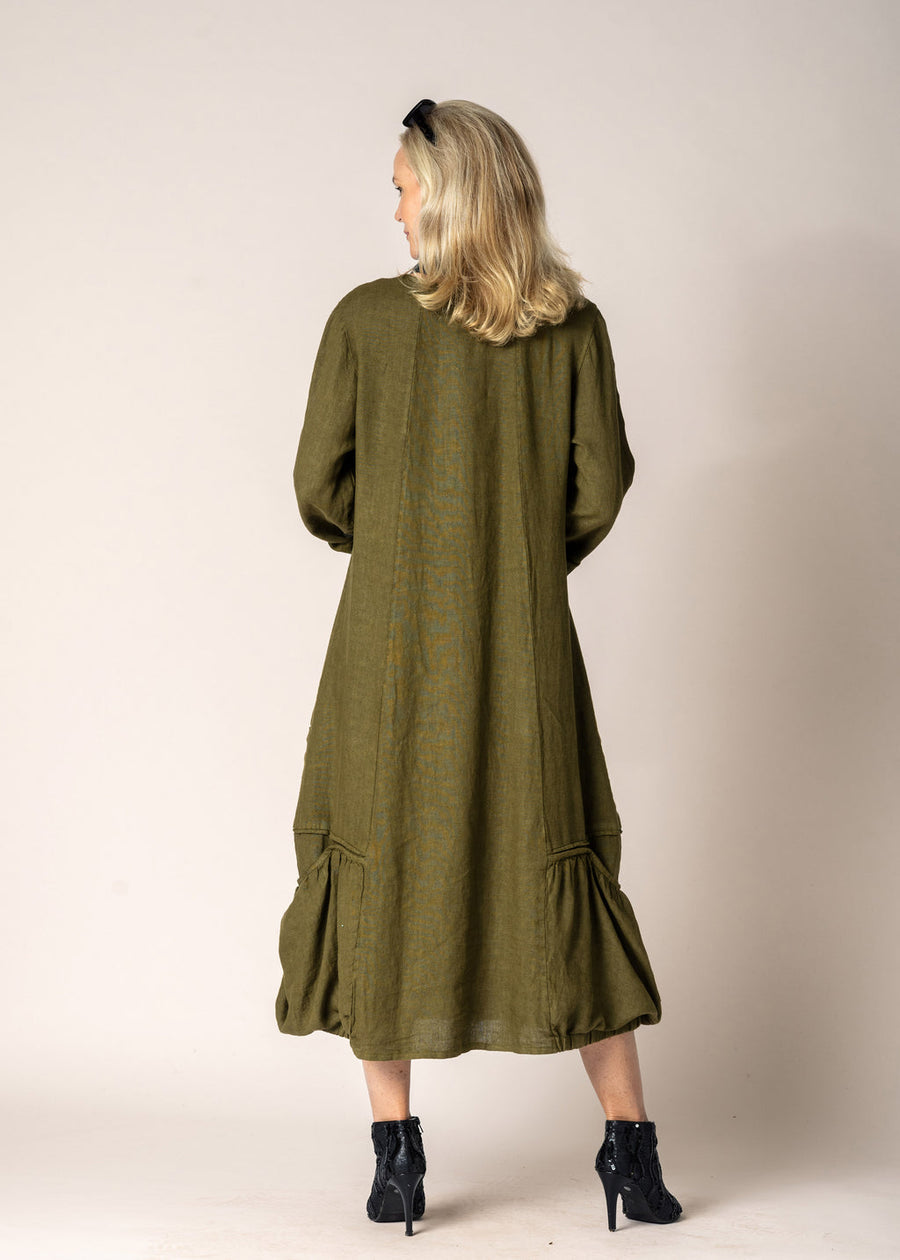 Torina Linen Dress in Green Olive