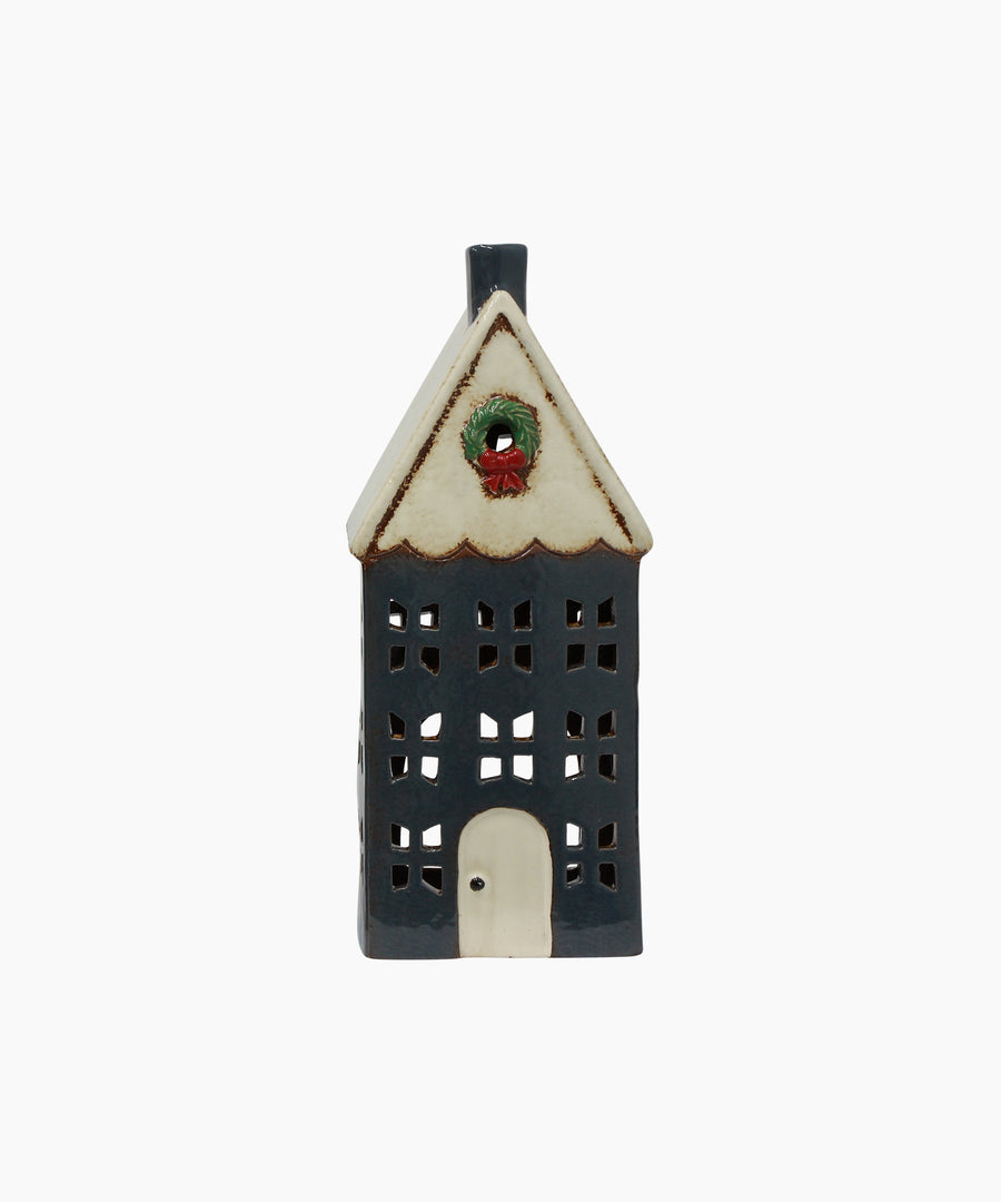 Christmas Tea Light House Blue with Wreath Large