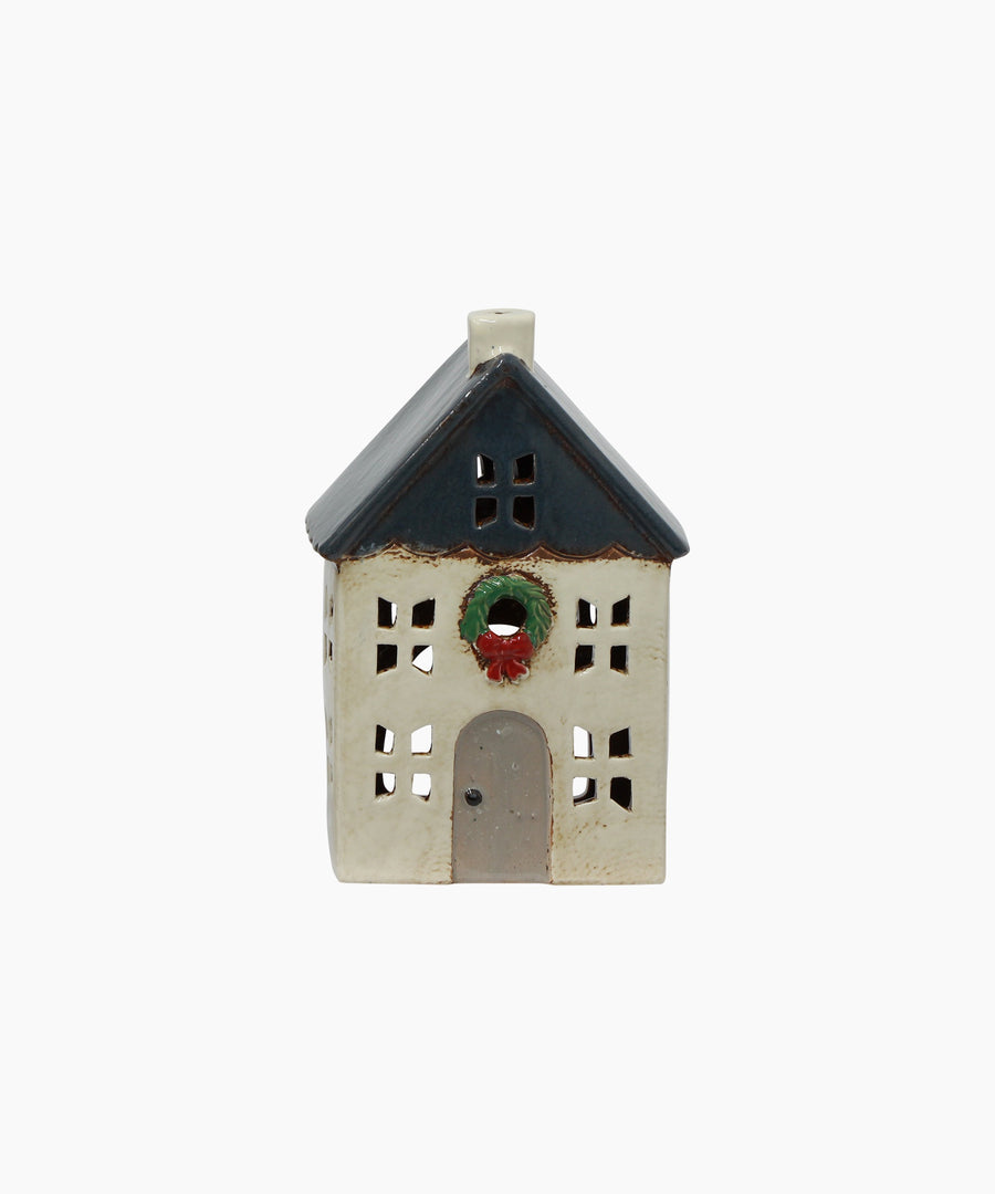 Chistmas Tea Light House Blue with Wreath Small