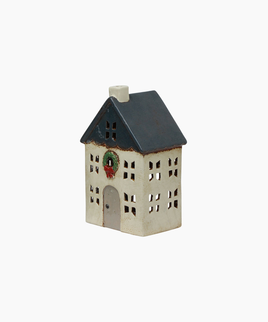 Chistmas Tea Light House Blue with Wreath Small