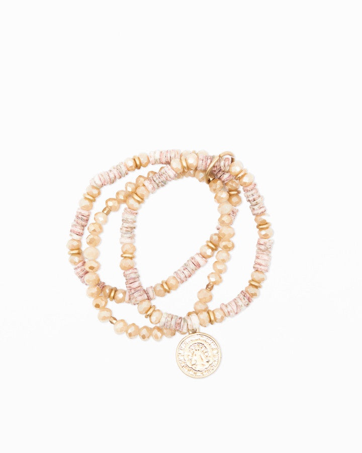 Bracelet - Peach MoonstoneBeads with Gold Coin