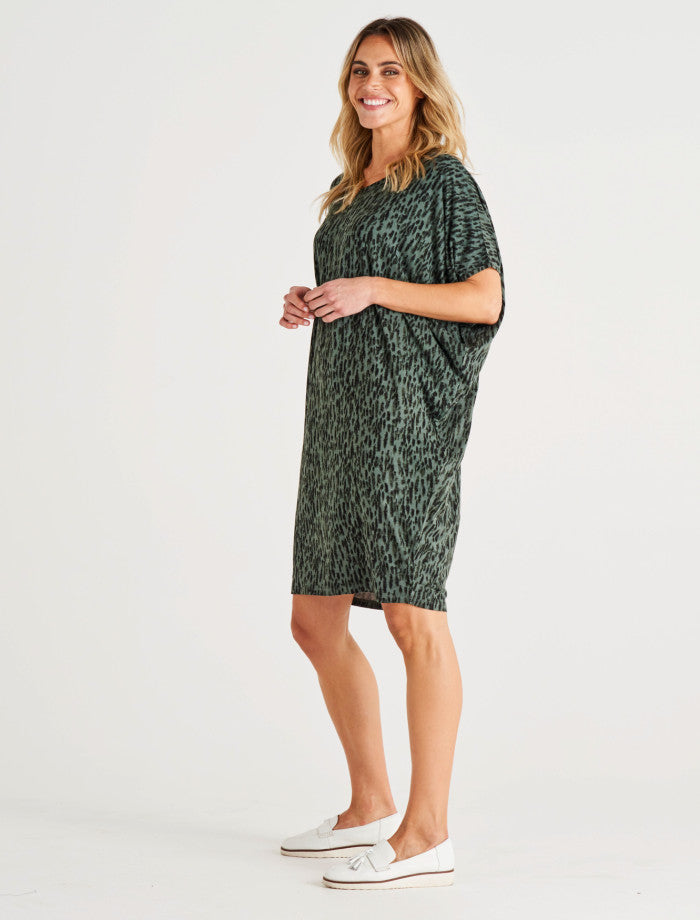 Maui Relaxed Drape Knee-Length T-Shirt Dress - Abstract Green Print