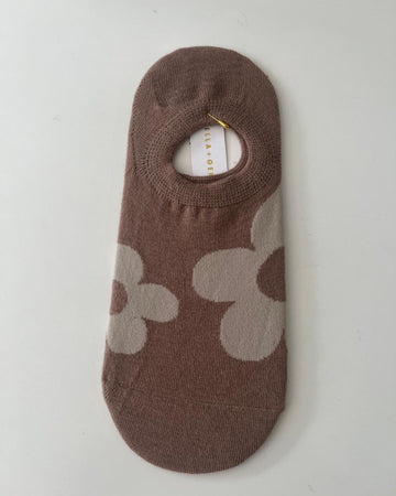 No Show Socks - Latte with Taupe Flowers