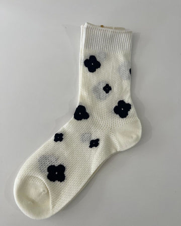 Socks - Cream Sheer with Black Flowers