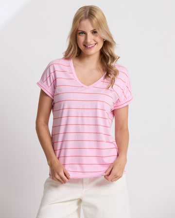 Soho Cuff V-Neck Tee - Candy with Red Stripe