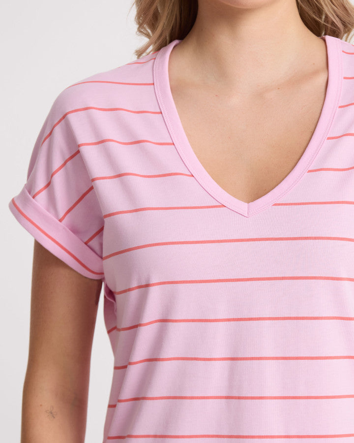 Soho Cuff V-Neck Tee - Candy with Red Stripe