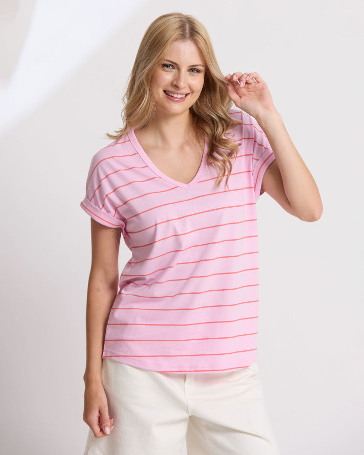 Soho Cuff V-Neck Tee - Candy with Red Stripe