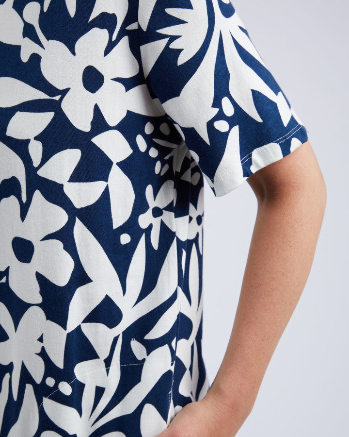 Stencil Floral Tee Dress - Naval Blue Floral