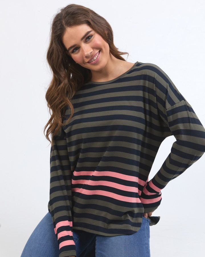 Turn Back Long Sleeve Tee - Clover/Pearl Stripe