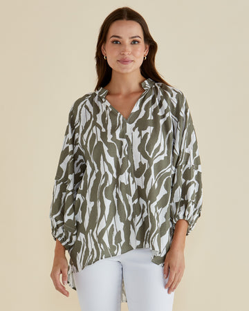 Grazia Blouse - Olive Geometric Print