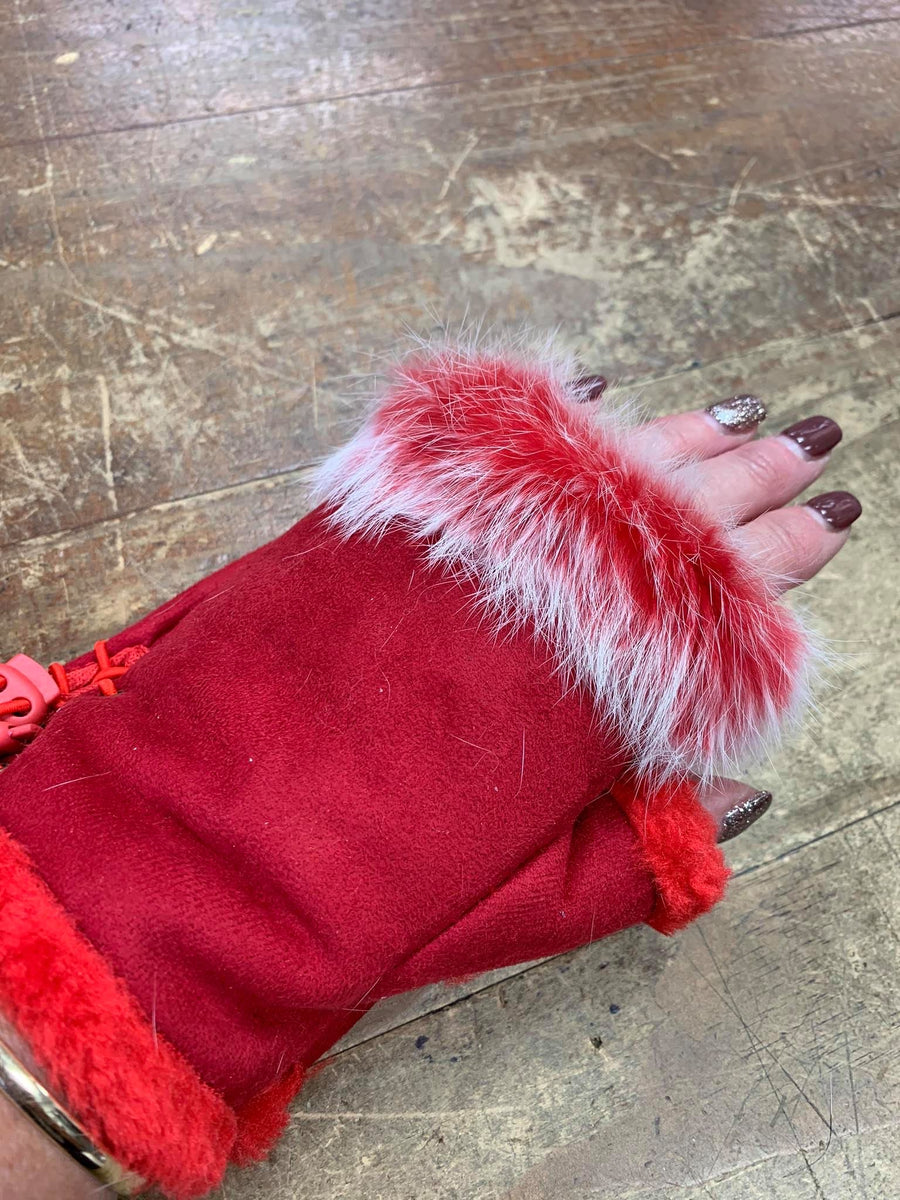 Fluffy Fingerless Gloves - Red