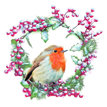 Xmas Luncheon Napkin - Robin In Wreath