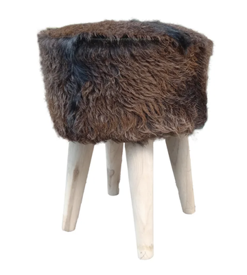 Small Round Leather & Teak Stool