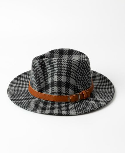 Plaid Fedora Charcoal With Tan PU Strap