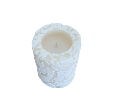 Damask Leaf Mini Recessed Pillar Candle - Ivory & White