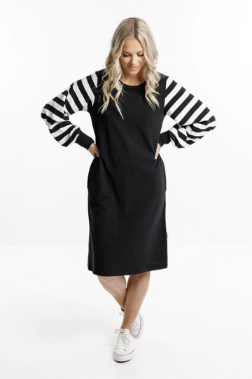 Laylah Dress - Black with Black & White Striped Sleeves