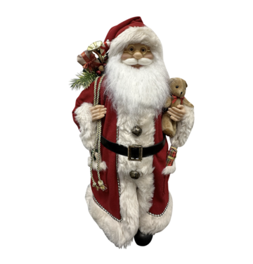 Standing Santa In Red Cream Holding A Teddy Bear - Small