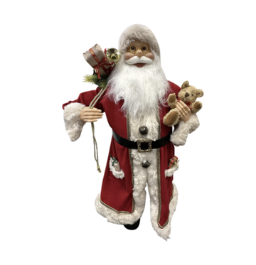 Standing Santa In Red Cream Holding A Teddy Bear - Large