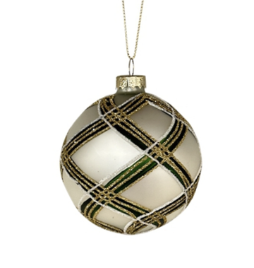 White Glass Ball With Green Gold Diamond Pattern
