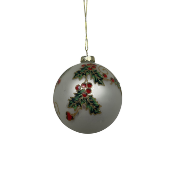 White Ball with Holly Glass Hanging Decoration