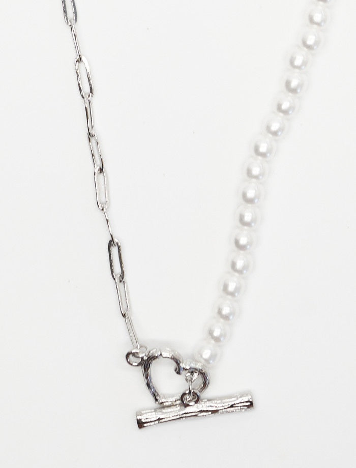 Necklace - Silver Half Pearls with Heart Fob